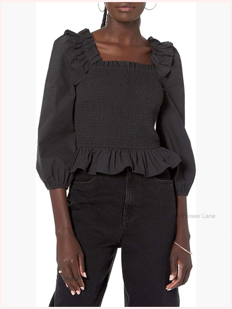 Long-Sleeve Smocked Ruffle Top Square Neck Snug Fit